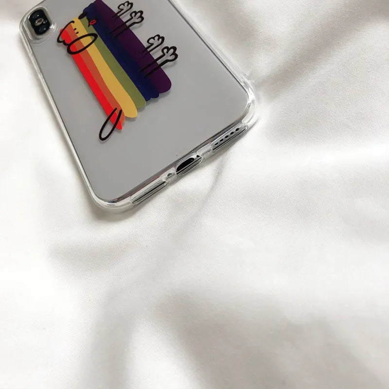 Rainbow puppy print phone case for iPhone with colourful dog design on white background