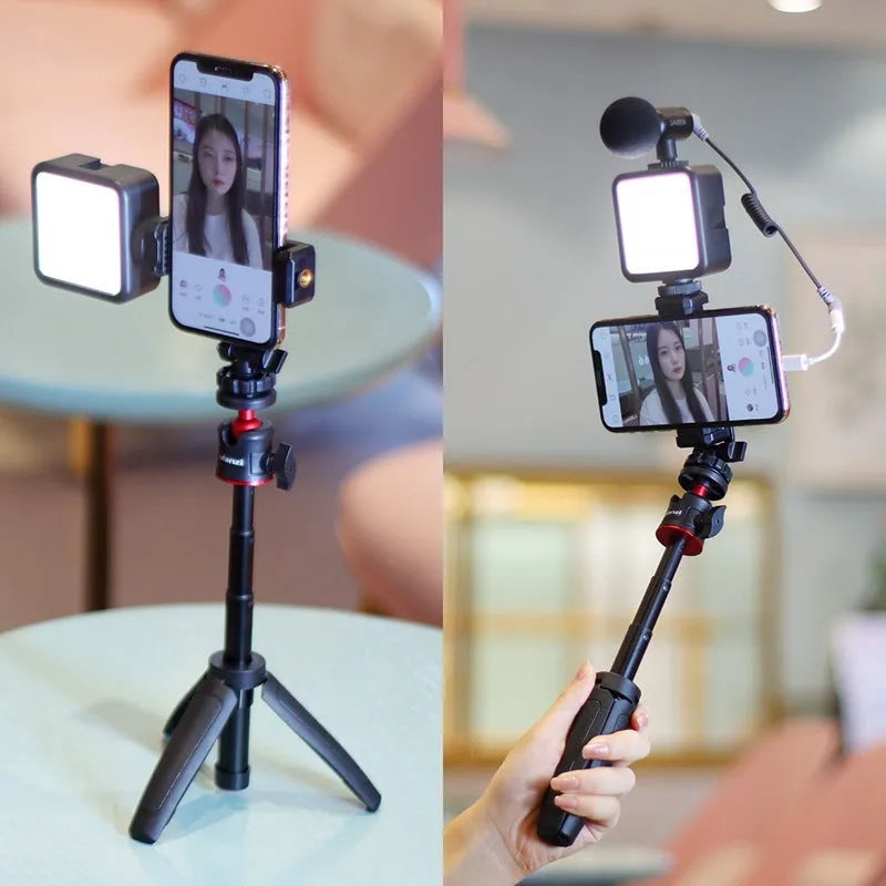 Aluminium mobile vlog bracket with phone holder and integrated LED fill light for filming
