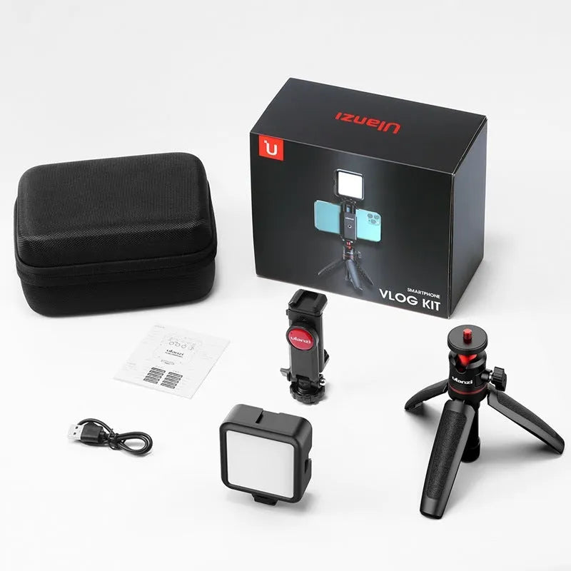 Aluminium mobile vlog bracket with phone holder and integrated LED fill light for filming