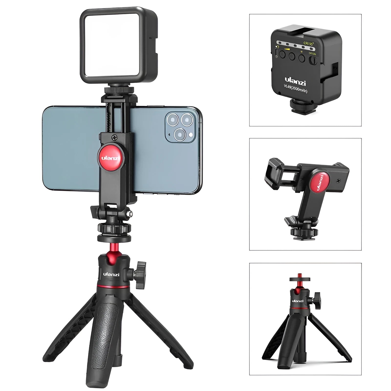 Aluminium mobile vlog bracket with phone holder and integrated LED fill light for filming