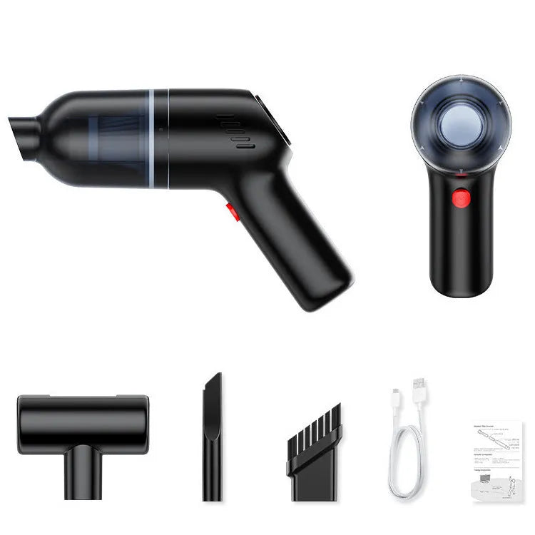 Mini car vacuum cleaner with 8000 Pa suction, 120W power, and USB charging cable in black finish