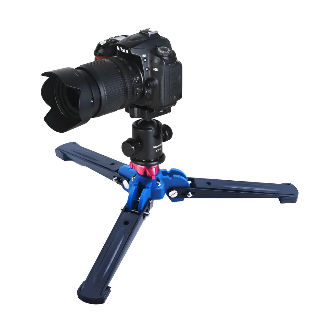 Black portable three-prong base for SLR camera with 75 mm ground clearance and 145 mm foot length