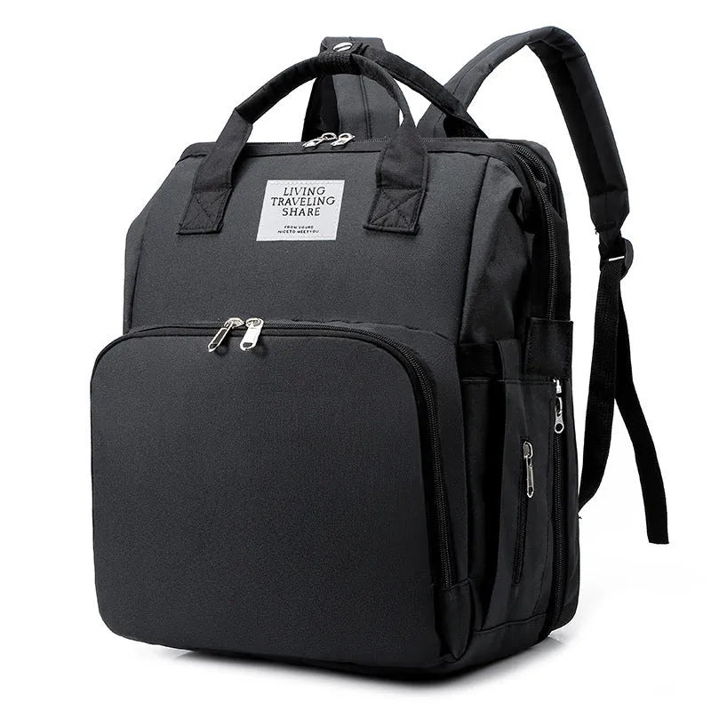 Portable folding crib mummy bag in Oxford cloth with 36-55L capacity, zipper opening, and internal phone, ID, and computer pockets