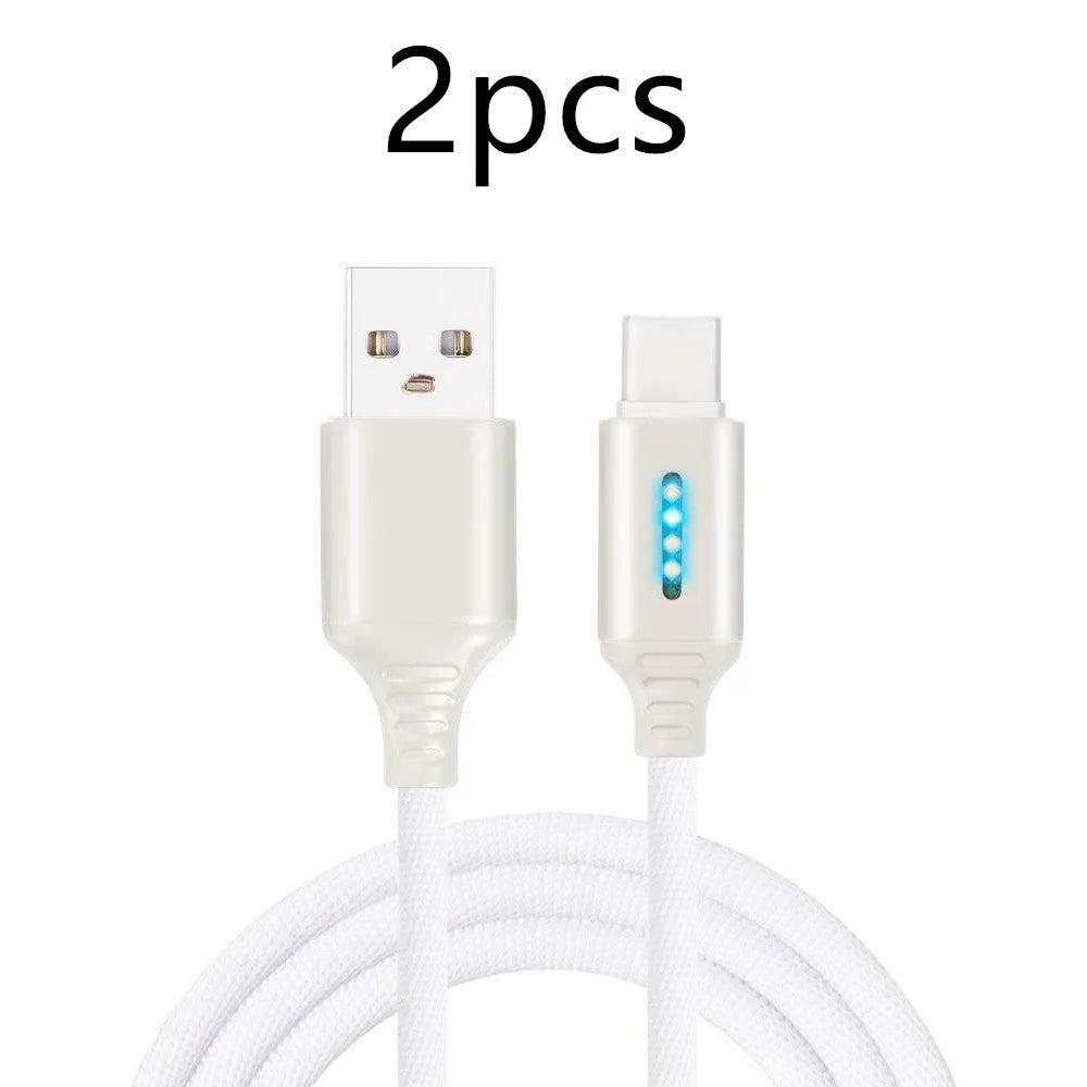 Fabric woven fast charging USB cable in various colours, showing 1-metre length and connector types.