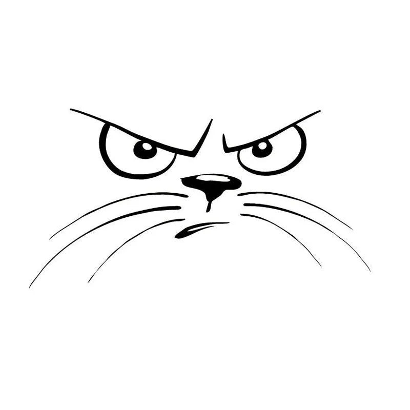 J-078 Not Happy Cat Face reflective car sticker 16.5x9cm in black and white on a car bumper