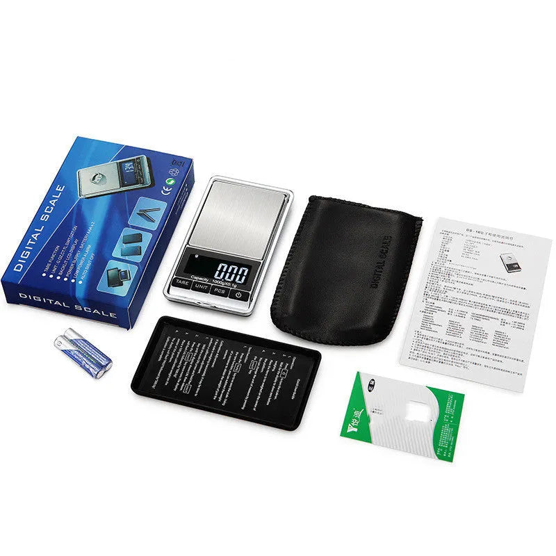 Mini jewellery scale 11.6x6.4x1.7cm with brushed stainless steel platform and white LCD backlight