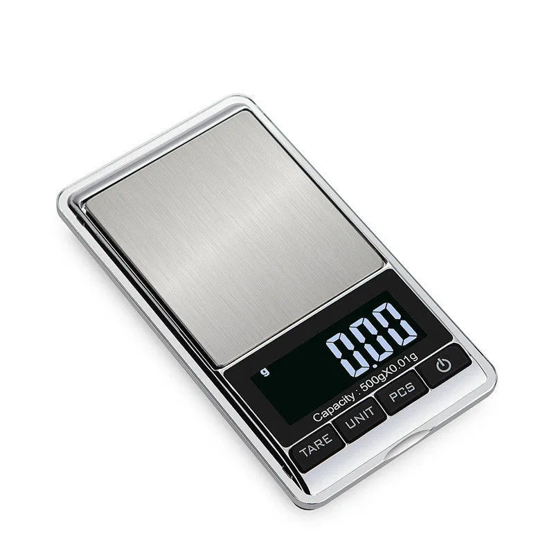 Mini jewellery scale 11.6x6.4x1.7cm with brushed stainless steel platform and white LCD backlight
