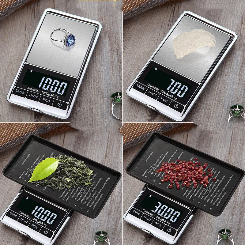 Mini jewellery scale 11.6x6.4x1.7cm with brushed stainless steel platform and white LCD backlight