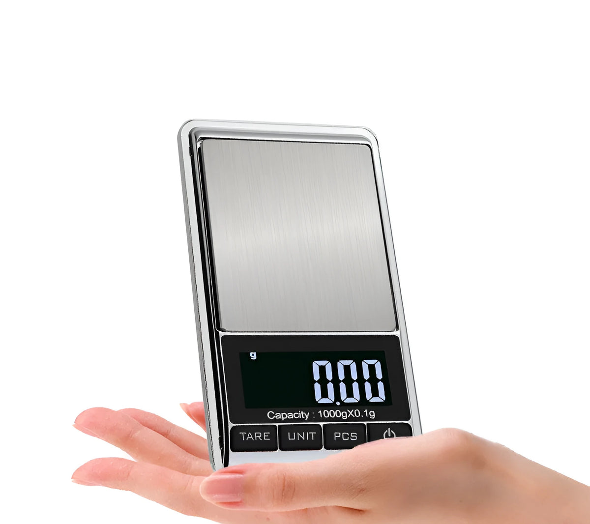 Mini jewellery scale 11.6x6.4x1.7cm with brushed stainless steel platform and white LCD backlight
