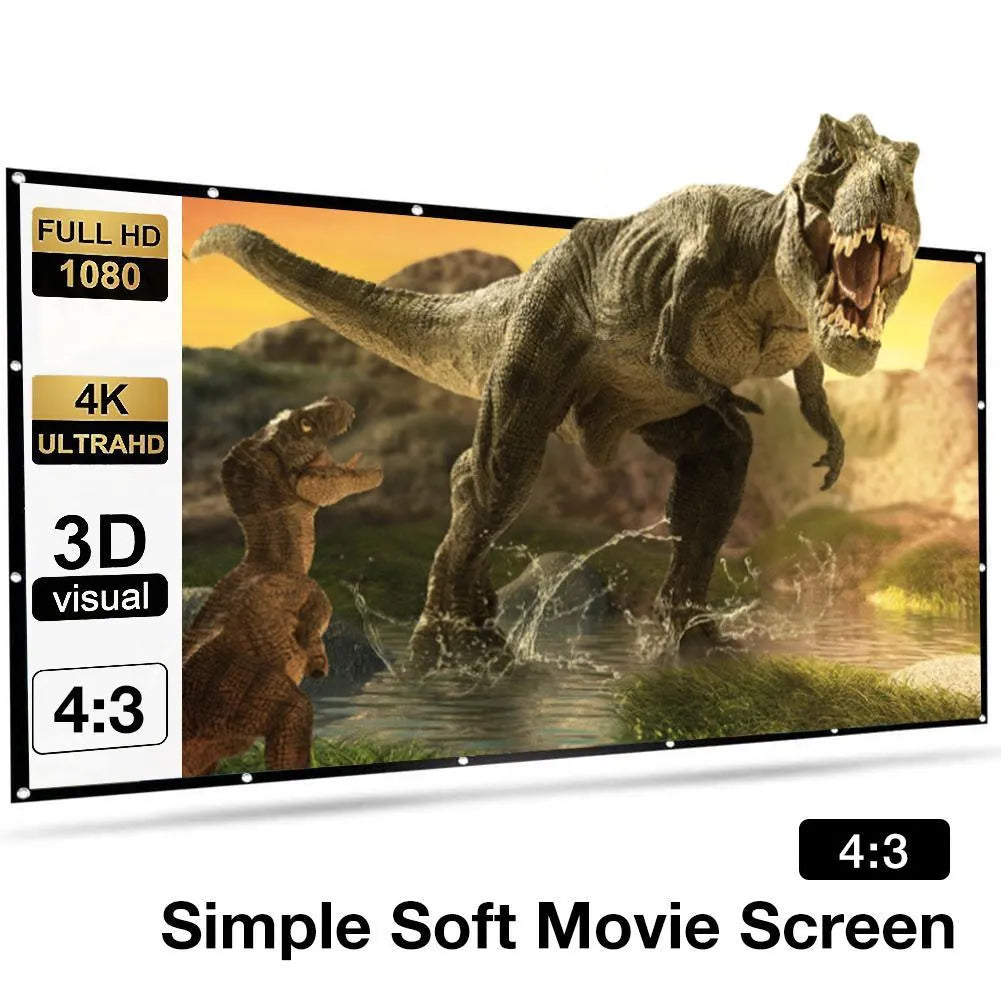 White foldable 150-inch 4:3 portable projection screen on a stand.