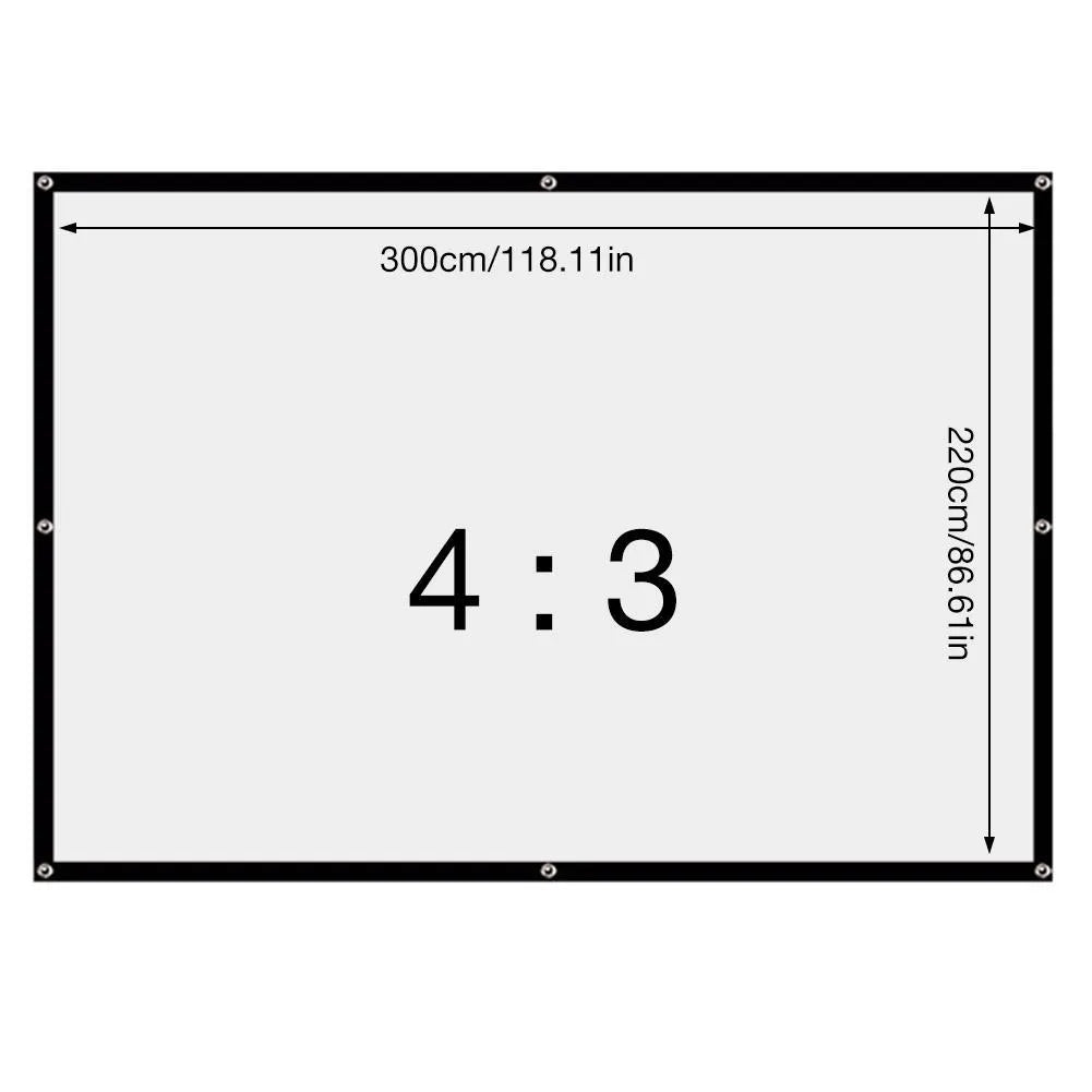 White foldable 150-inch 4:3 portable projection screen on a stand.