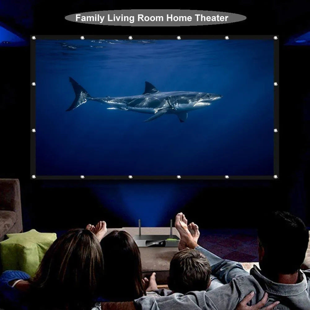 White foldable 150-inch 4:3 portable projection screen on a stand.