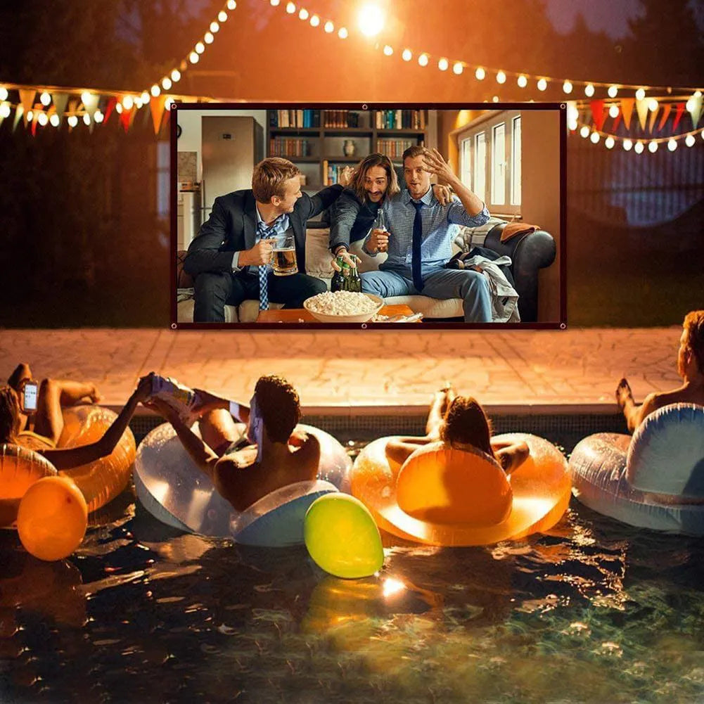 White foldable 150-inch 4:3 portable projection screen on a stand.