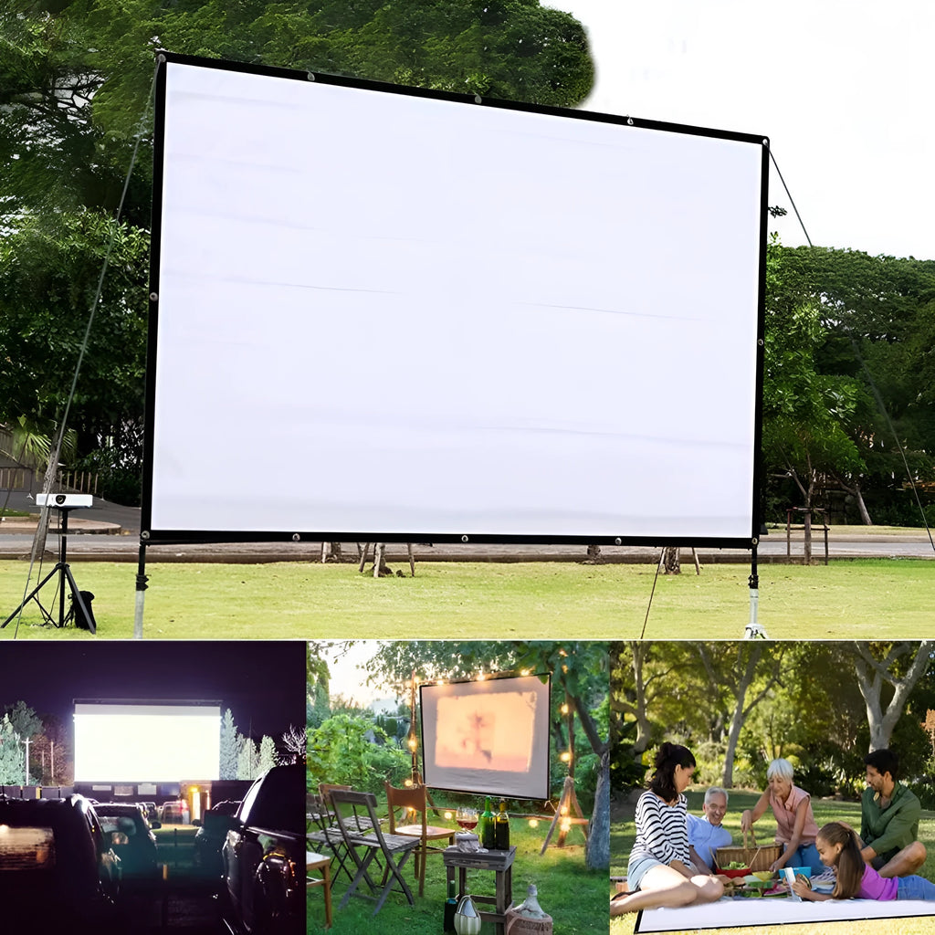 White foldable 150-inch 4:3 portable projection screen on a stand.