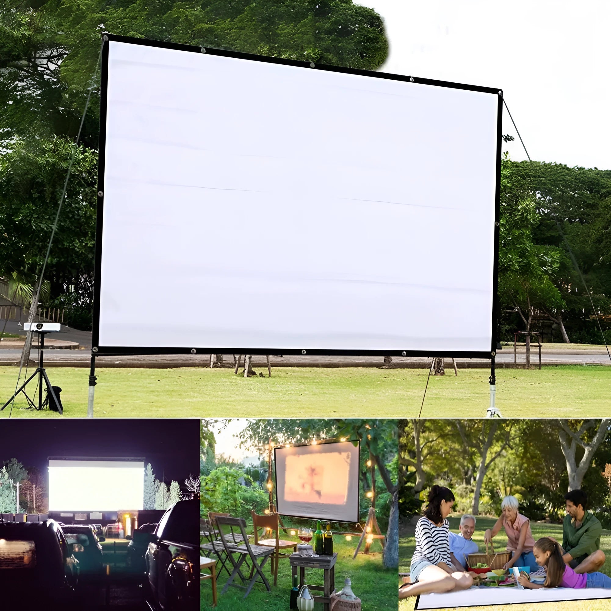 White foldable 150-inch 4:3 portable projection screen on a stand.