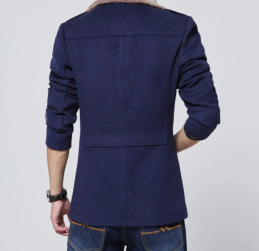 Men's slim-fit woolen coat with stand-up collar, single-breasted placket, available in black, dark blue or khaki