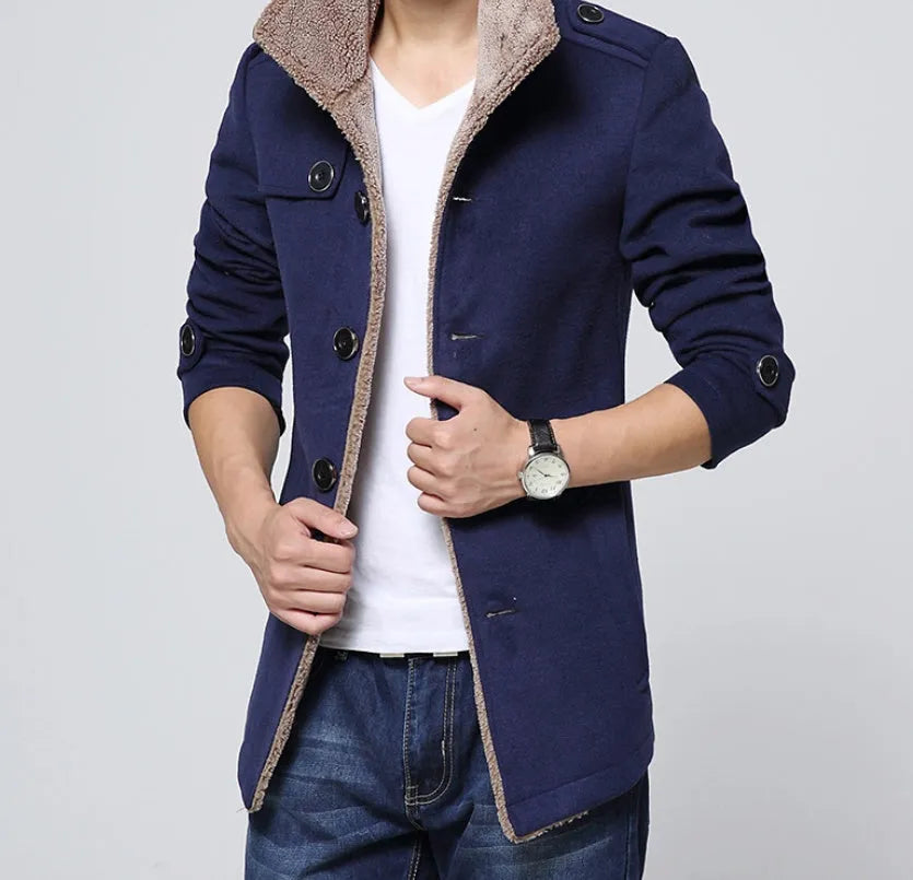 Men's slim-fit woolen coat with stand-up collar, single-breasted placket, available in black, dark blue or khaki