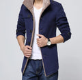 Men's slim-fit woolen coat with stand-up collar, single-breasted placket, available in black, dark blue or khaki