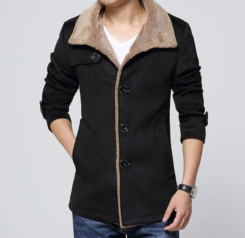 Men's slim-fit woolen coat with stand-up collar, single-breasted placket, available in black, dark blue or khaki