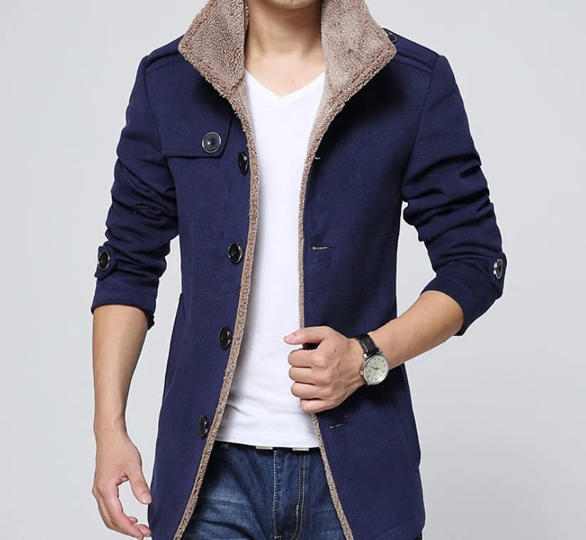 Men's slim-fit woolen coat with stand-up collar, single-breasted placket, available in black, dark blue or khaki
