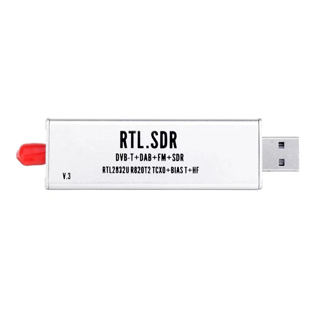 Black metal all-band software radio receiver with golden SMA connector for 25MHz-1700MHz range and ADSB.