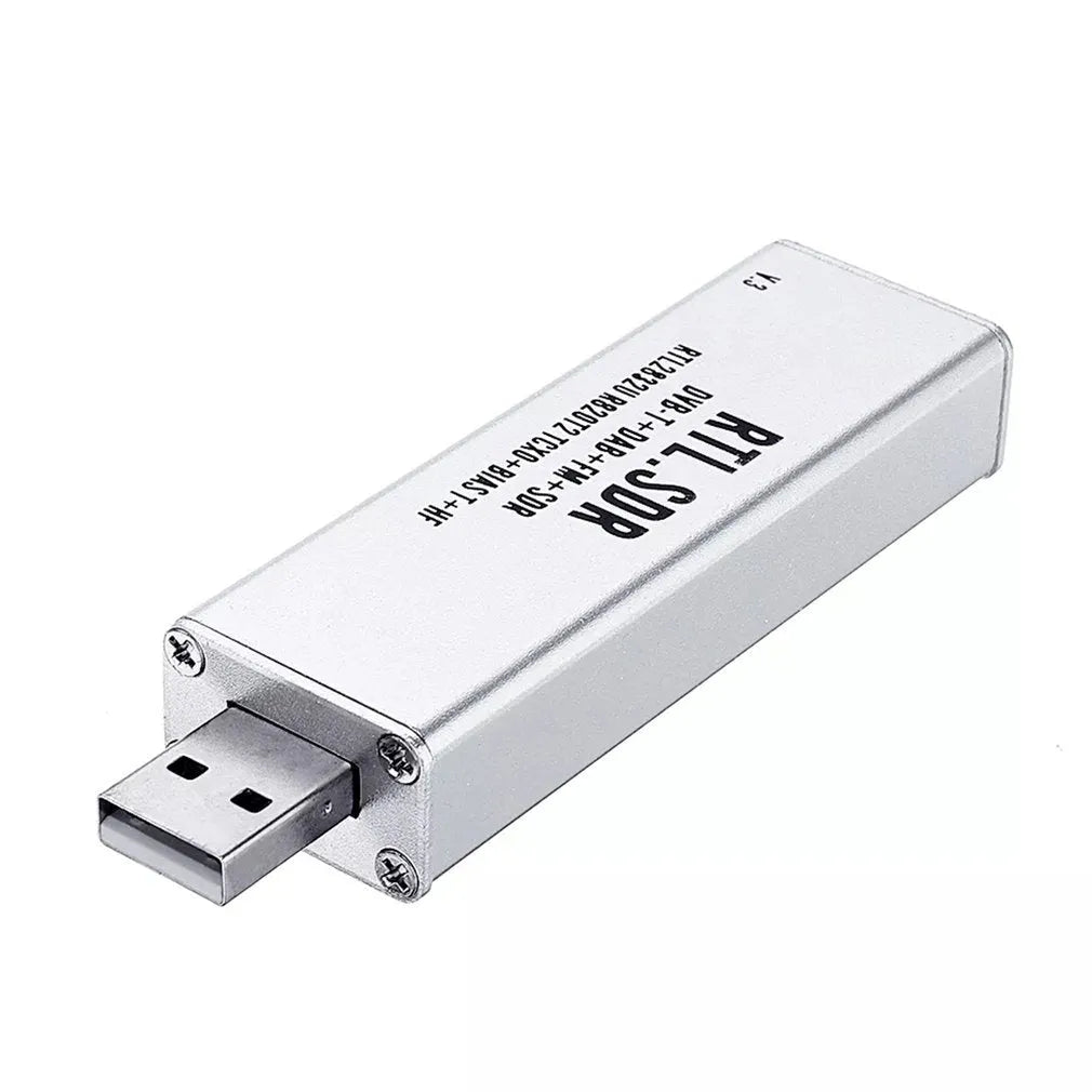Black metal all-band software radio receiver with golden SMA connector for 25MHz-1700MHz range and ADSB.