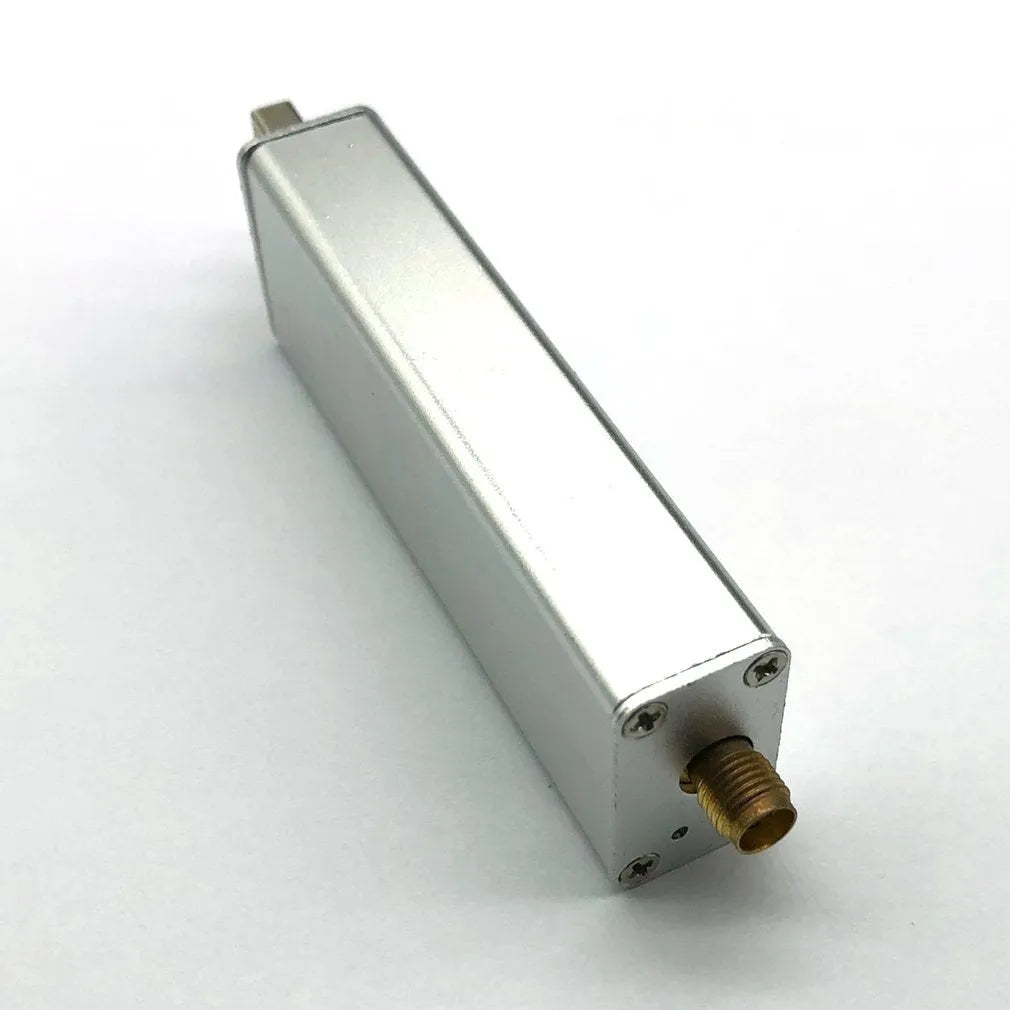 Black metal all-band software radio receiver with golden SMA connector for 25MHz-1700MHz range and ADSB.