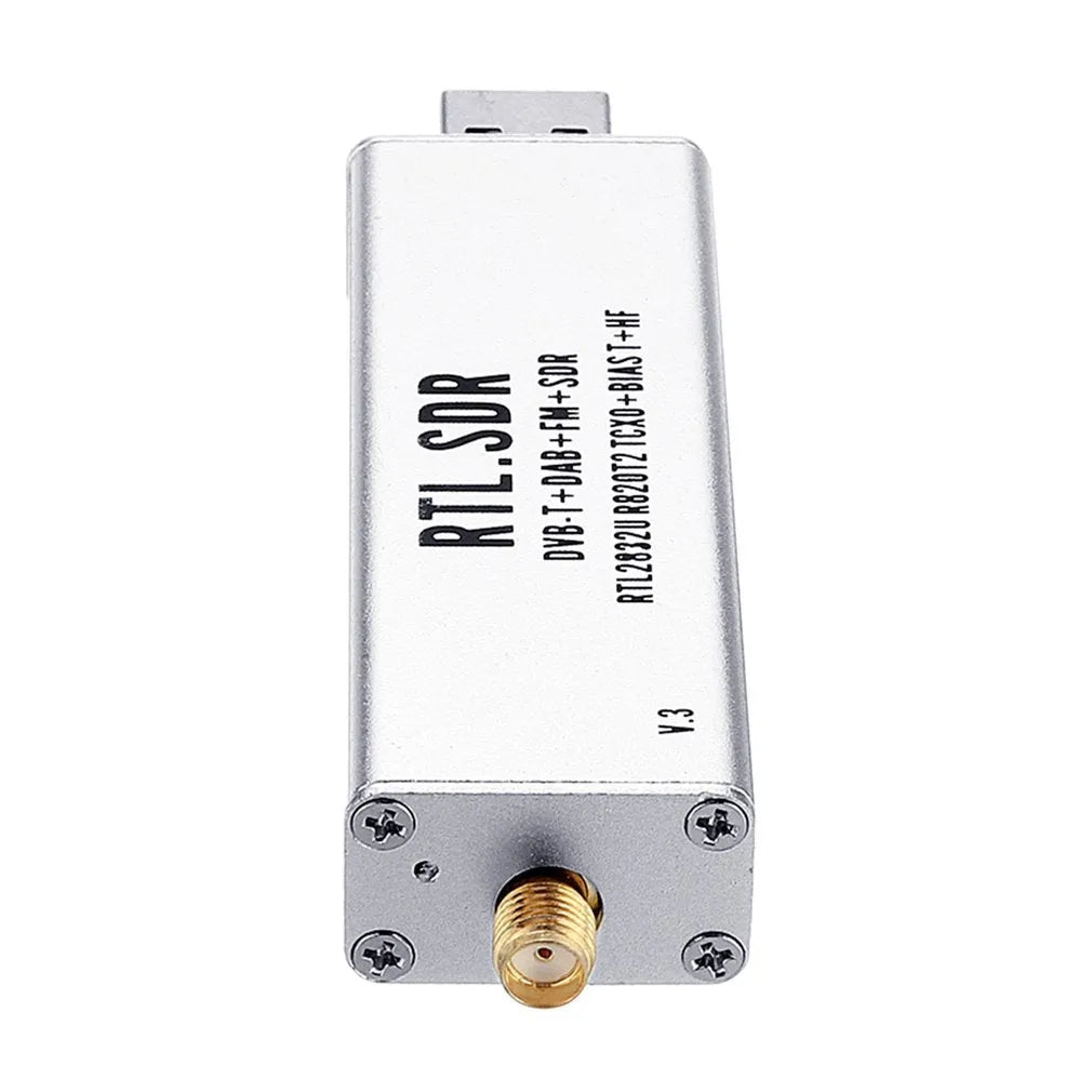 Black metal all-band software radio receiver with golden SMA connector for 25MHz-1700MHz range and ADSB.