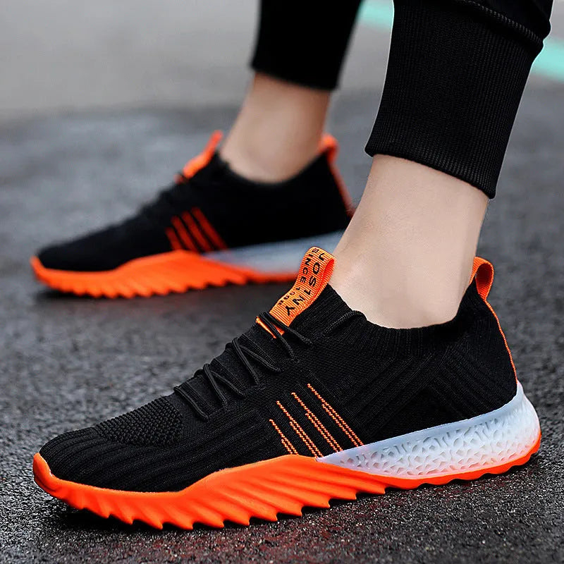 Flying woven mesh breathable sneakers in white green, unisex lace-up flat heel shoes with rubber sole