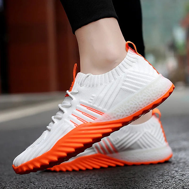 Flying woven mesh breathable sneakers in white green, unisex lace-up flat heel shoes with rubber sole