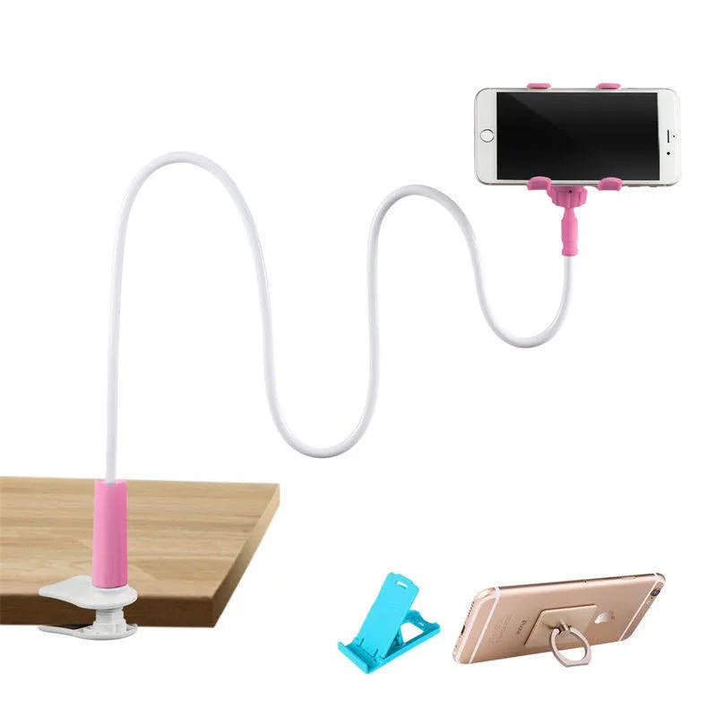 Black Rosh silicone desktop phone stand with 360-degree rotating base and flexible boom holding a smartphone