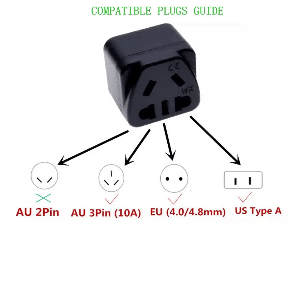 Square white three-pin international power adapter with specifications for 250V 13A.