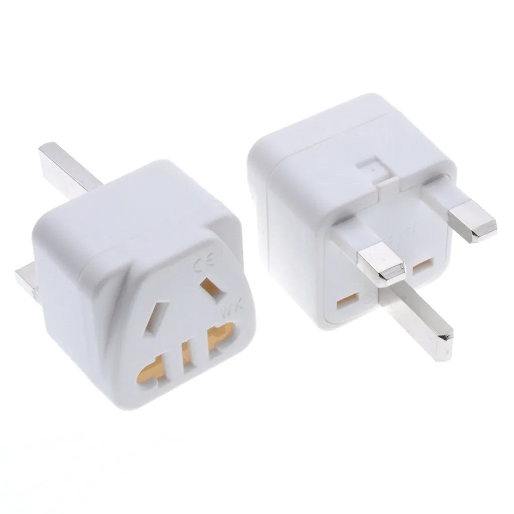 Square white three-pin international power adapter with specifications for 250V 13A.