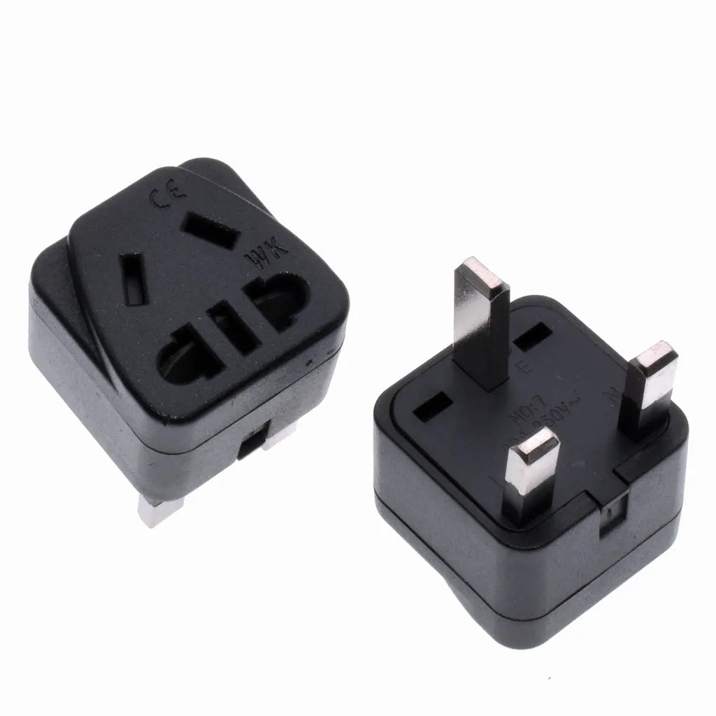 Square white three-pin international power adapter with specifications for 250V 13A.