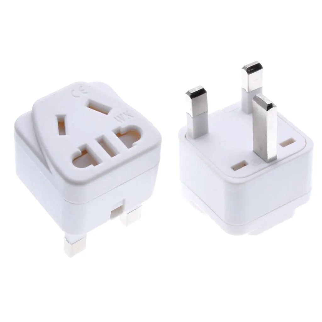 Square white three-pin international power adapter with specifications for 250V 13A.