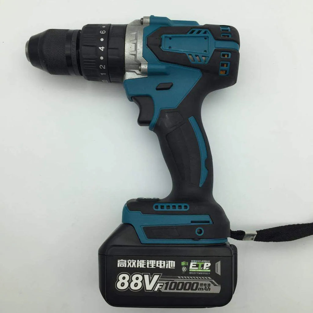 21V cordless impact drill with keyless chuck and lithium battery on a workbench with drill bits.