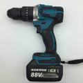 21V cordless impact drill with keyless chuck and lithium battery on a workbench with drill bits.