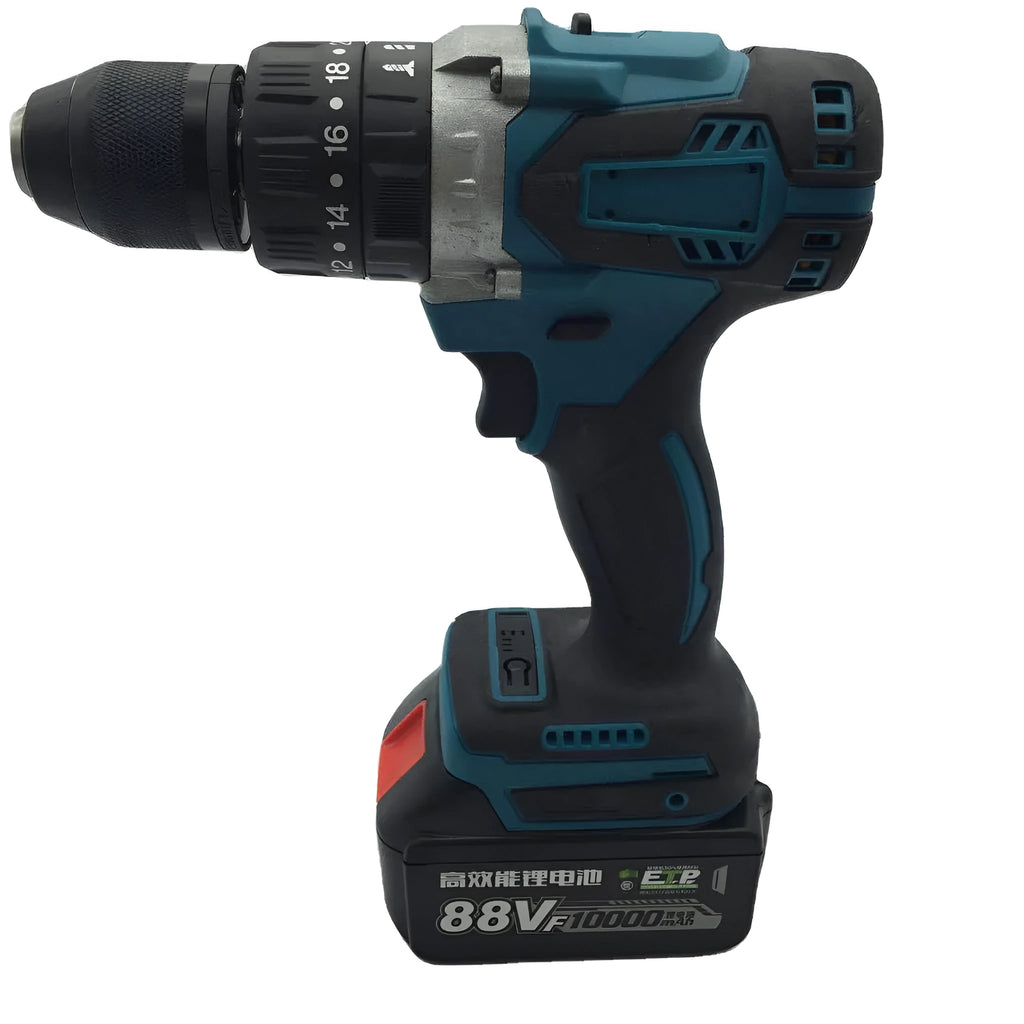 21V cordless impact drill with keyless chuck and lithium battery on a workbench with drill bits.