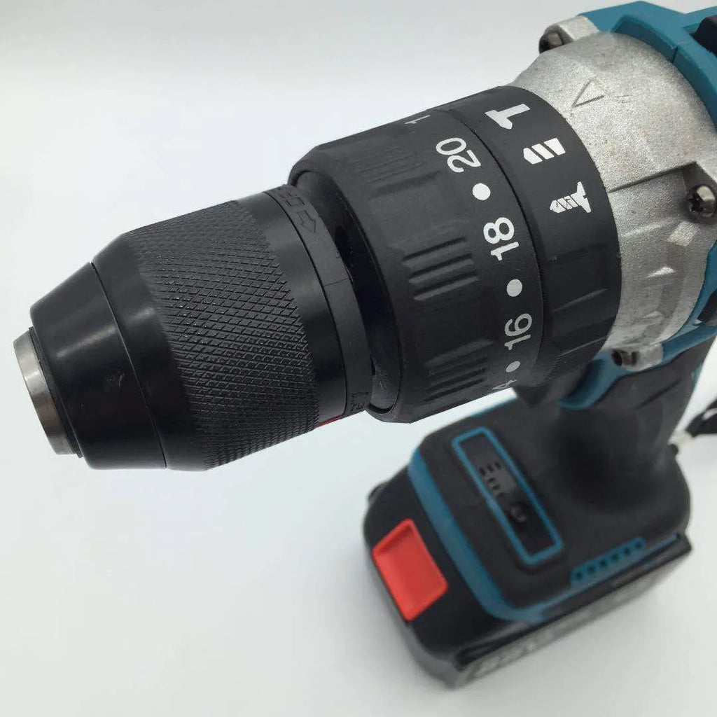 21V cordless impact drill with keyless chuck and lithium battery on a workbench with drill bits.