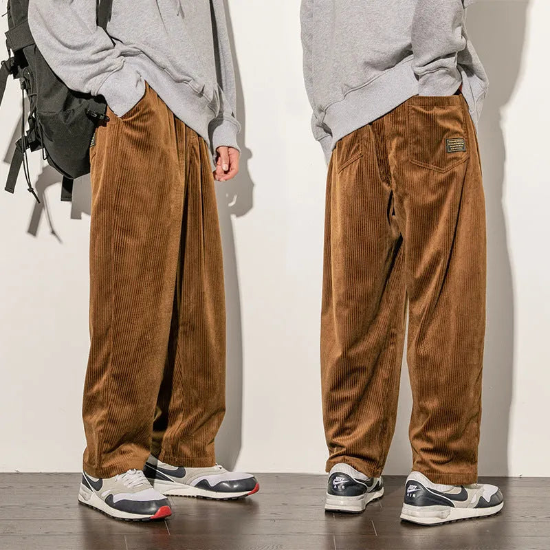 Men's Japanese-style corduroy trousers in black or brown, 95% polyester blend, sizes M to 5XL