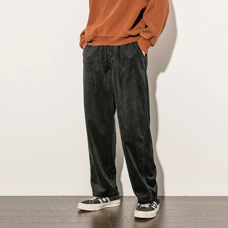 Men's Japanese-style corduroy trousers in black or brown, 95% polyester blend, sizes M to 5XL