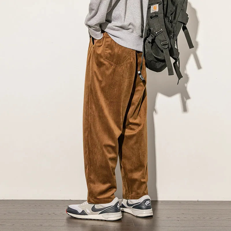 Men's Japanese-style corduroy trousers in black or brown, 95% polyester blend, sizes M to 5XL