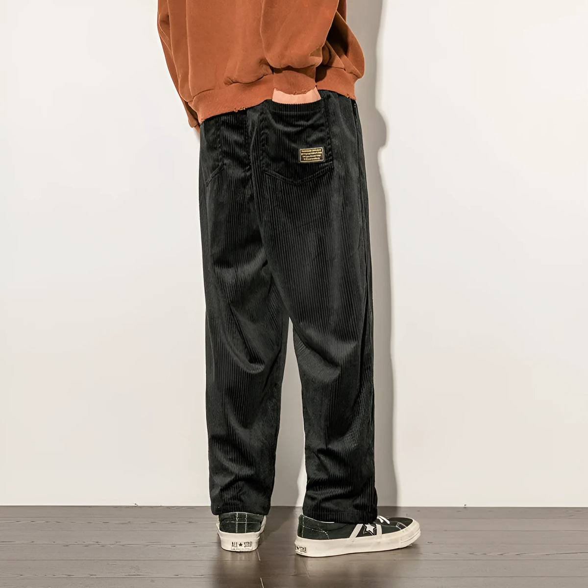 Men's Japanese-style corduroy trousers in black or brown, 95% polyester blend, sizes M to 5XL