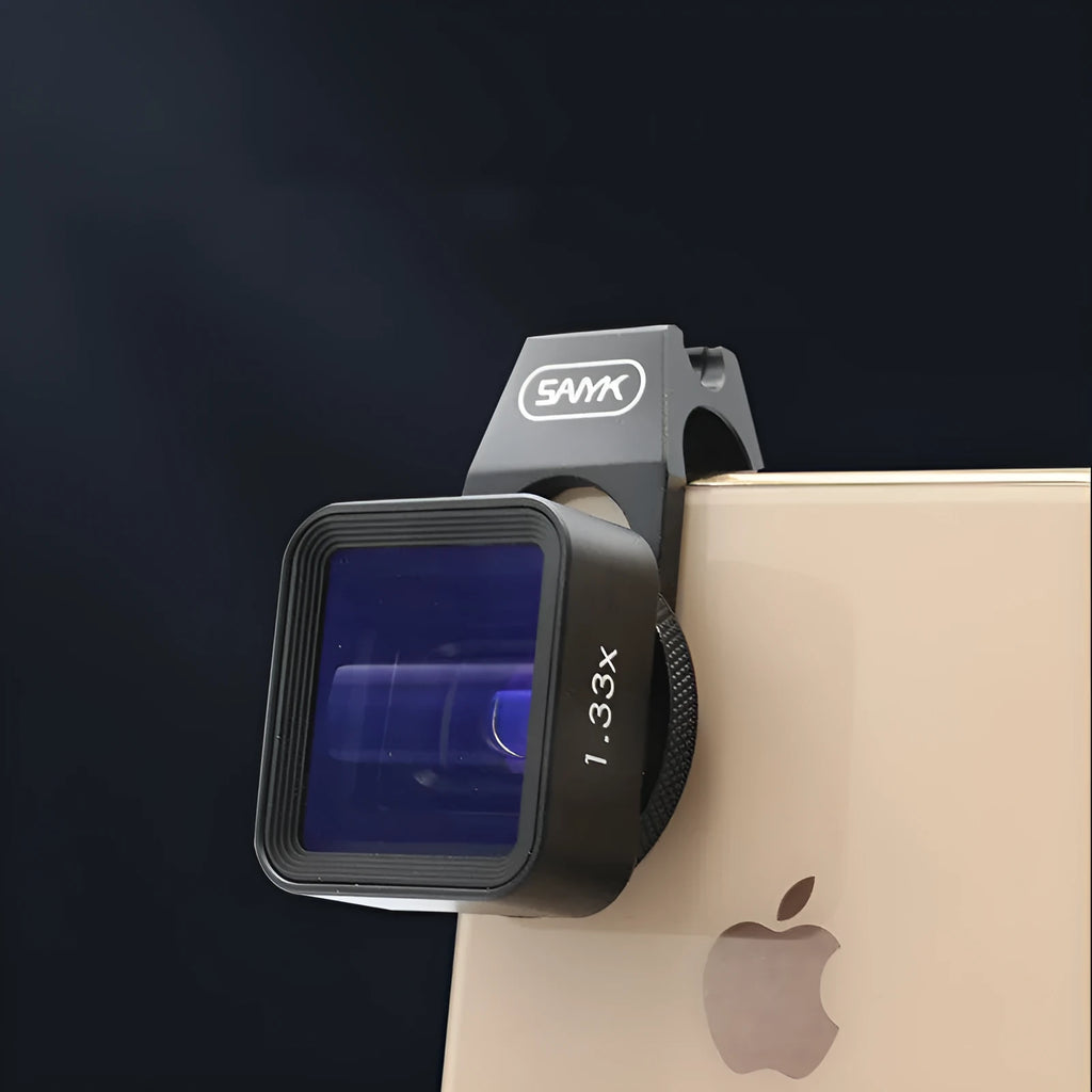 Black SANYK 1.33x anamorphic lens for smartphones creating cinematic widescreen video.