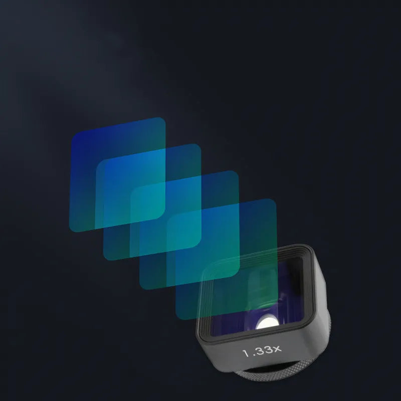 Black SANYK 1.33x anamorphic lens for smartphones creating cinematic widescreen video.
