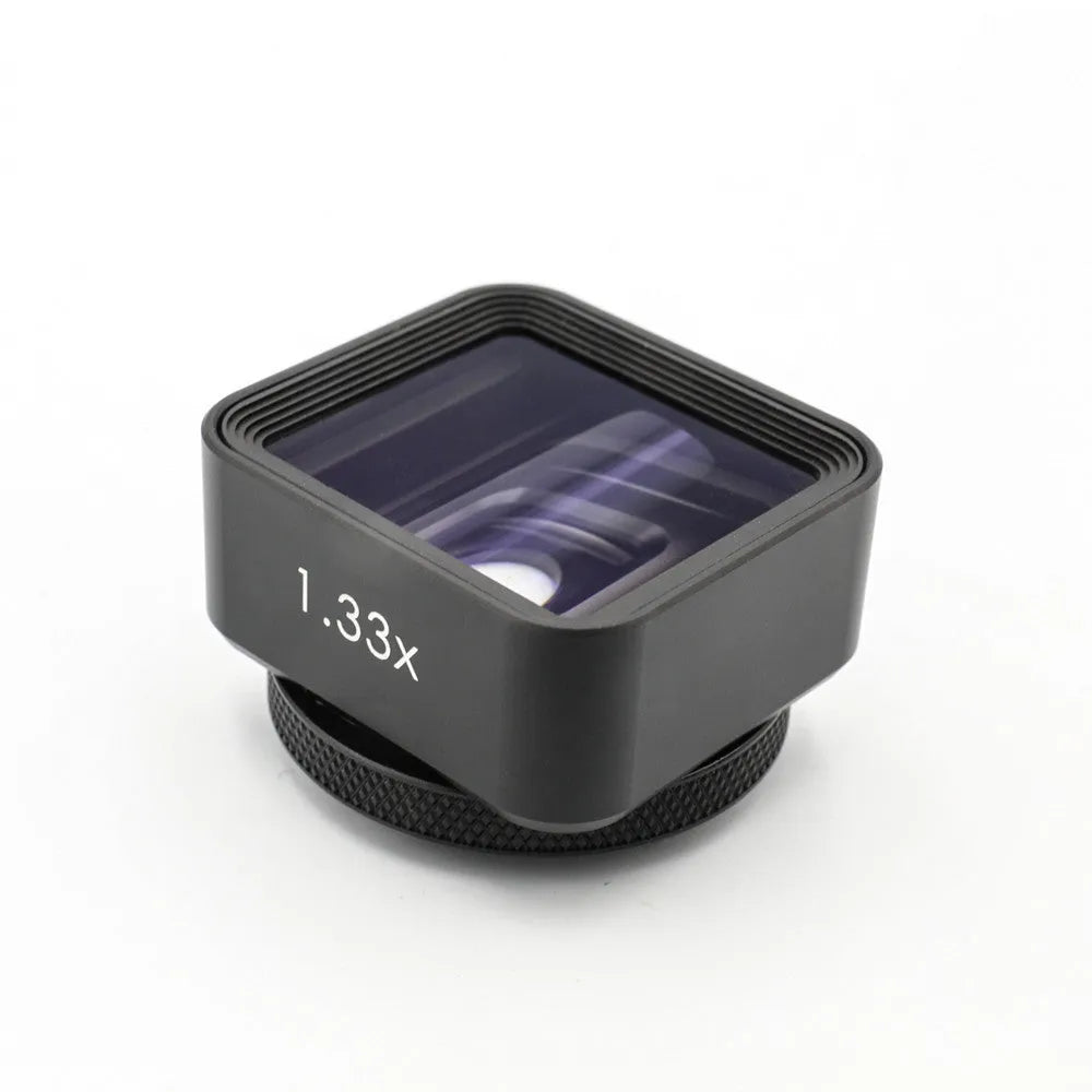 Black SANYK 1.33x anamorphic lens for smartphones creating cinematic widescreen video.