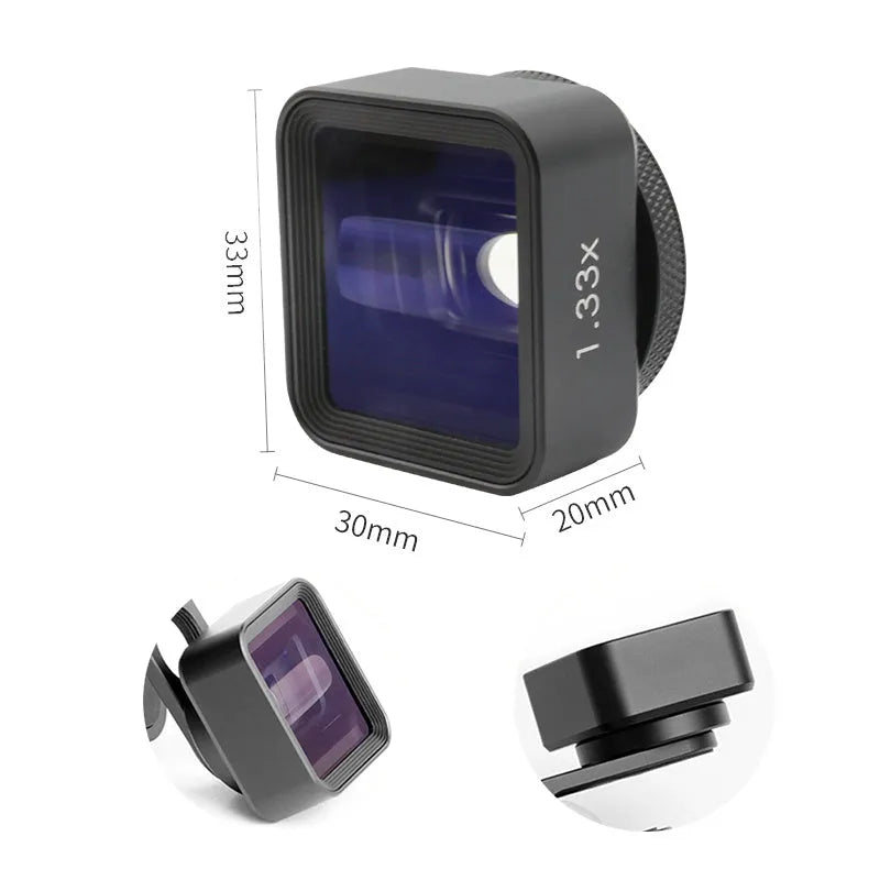 Black SANYK 1.33x anamorphic lens for smartphones creating cinematic widescreen video.