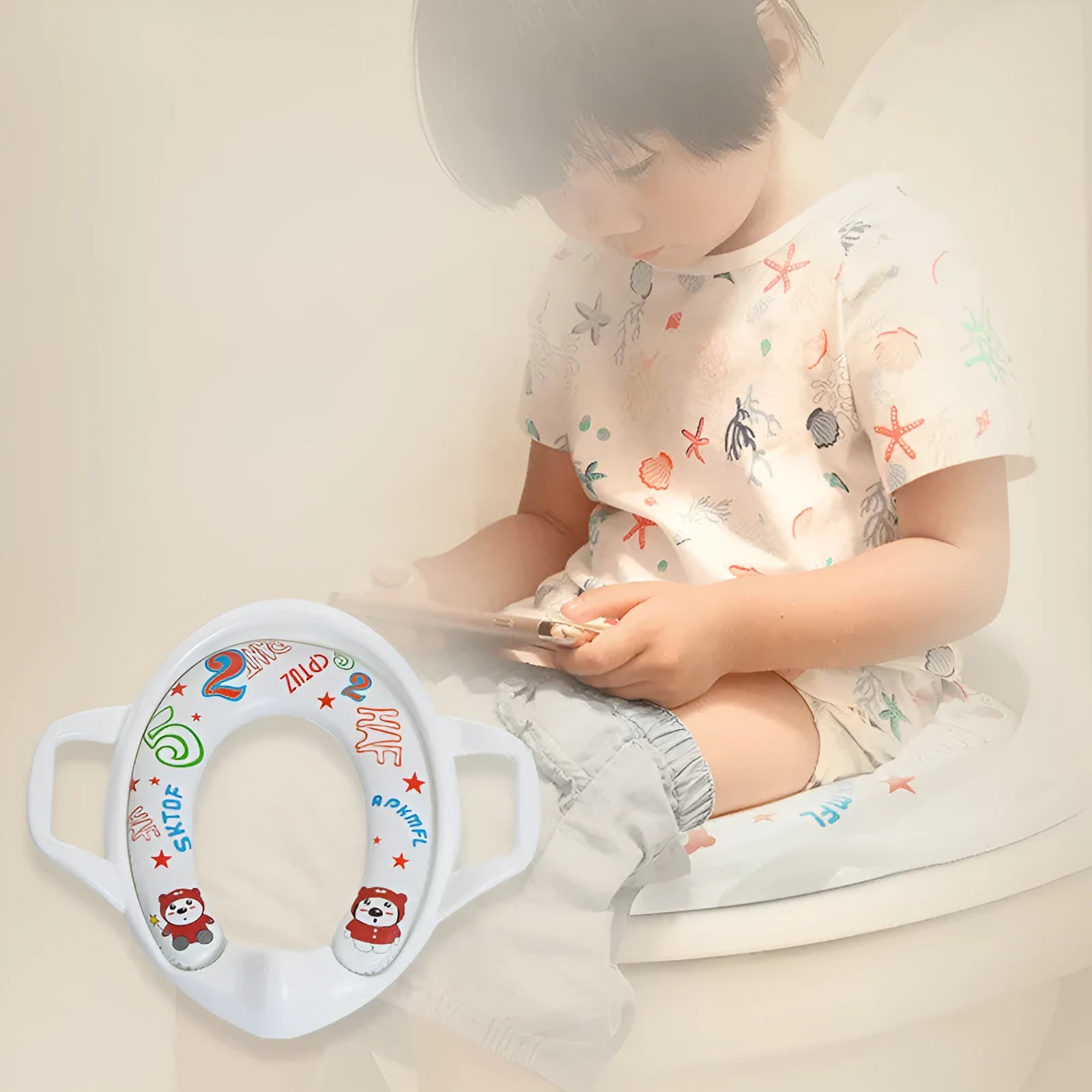 Children's walk-behind toilet seat with soft cushion in white colour option for toddlers aged 1-8 years