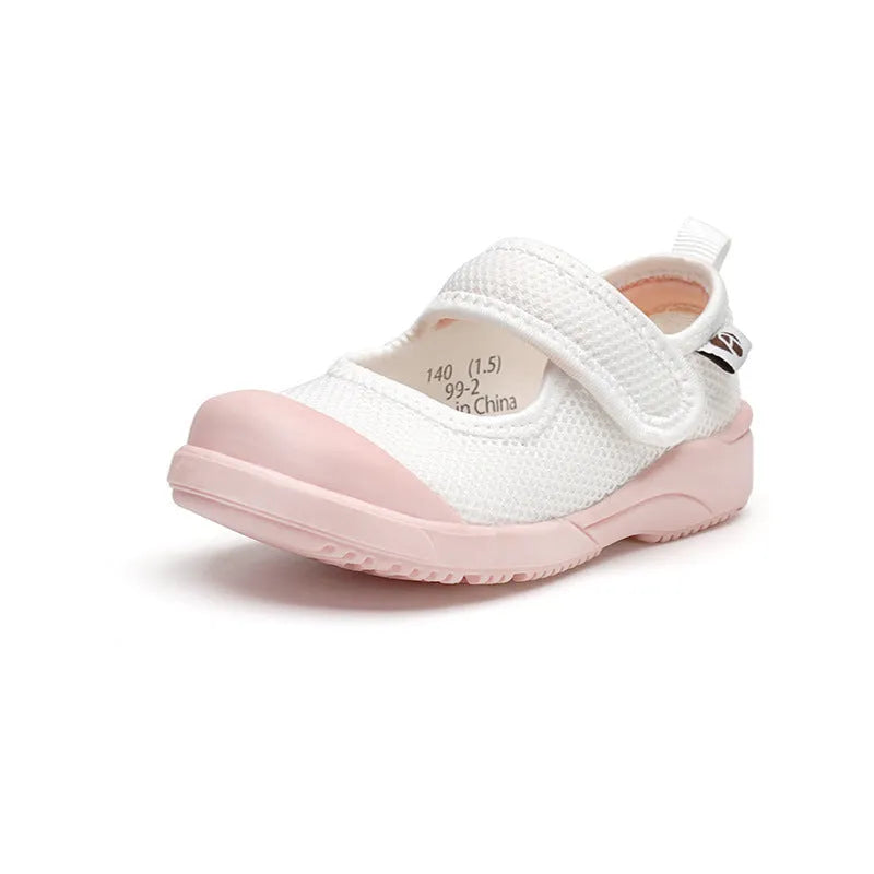 White children's cloth shoes with mesh upper and velcro fastening