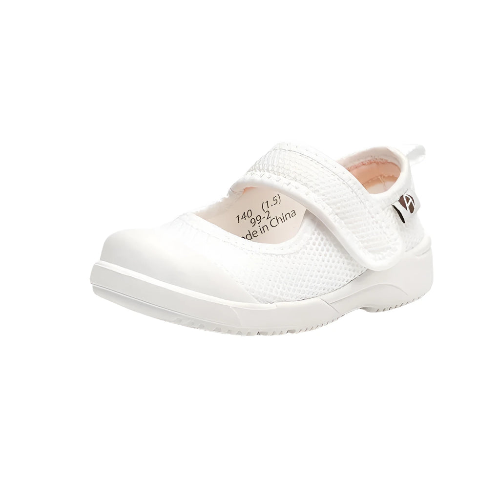 White children's cloth shoes with mesh upper and velcro fastening